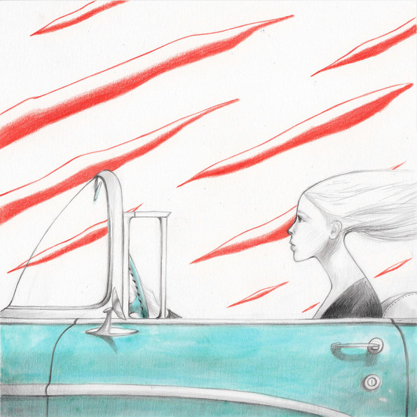 Illustration from a book project about a girl, Amelia, clouds, wanderlust and flight. Amelia is drivimg her turquoise car, in the background a sky made of red clouds