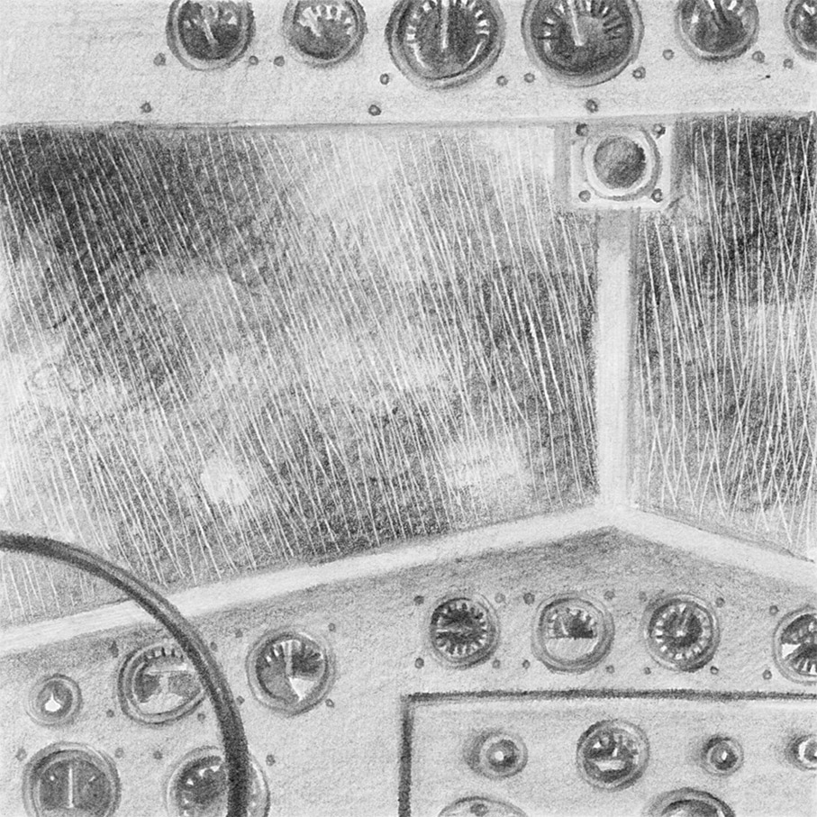 Black and white Illustration of a cockpit, from a book project about a girl, Amelia, clouds, wanderlust and flight.