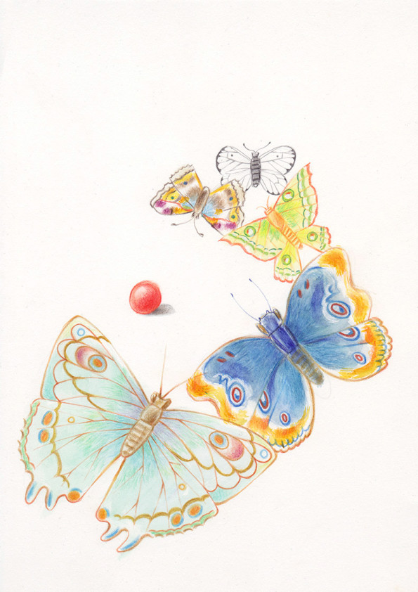 Multicolored butterflies are trying to catch a red ball that is about to roll away. Illustation from a book project which is entitled Rae's gift