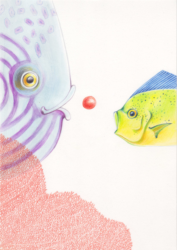 Two colorful fish, behind a red coral, are trying to catch a red ball that is about to rise to the surface. Illustation from a book project which is entitled Rae's gift