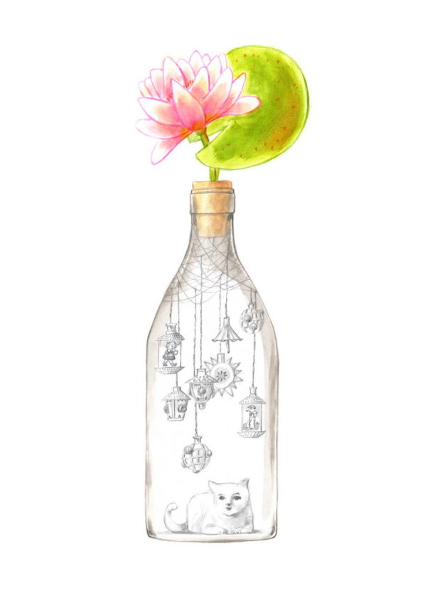Bottle with a water lily on the cap. Inside there are some hanging Christmas lanterns and a white cat. The bottle is part of a collection assembled by a child. Illustration for a book entitled 'Un piccolo mondo' - "A Litle World"