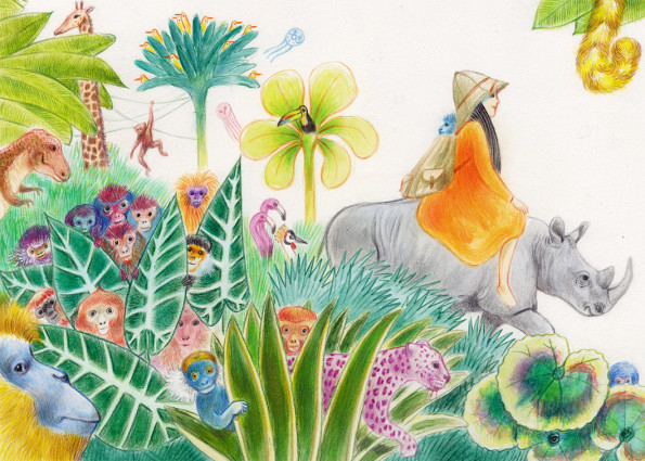 Illustration of a girl riding a rhinoceros in a jungle full of monkeys