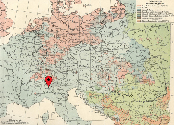 Vintage map of Europe with a big red dropped pin that marks Milano