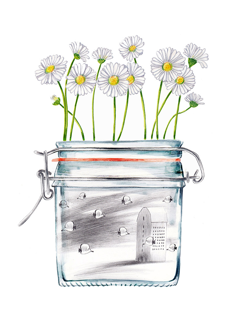 Daisies on a jar that is filled with a surreal and dream-like scene, with flying fish and a house. The jar is part of a collection of bottles of a child. Illustration for a book entitled 