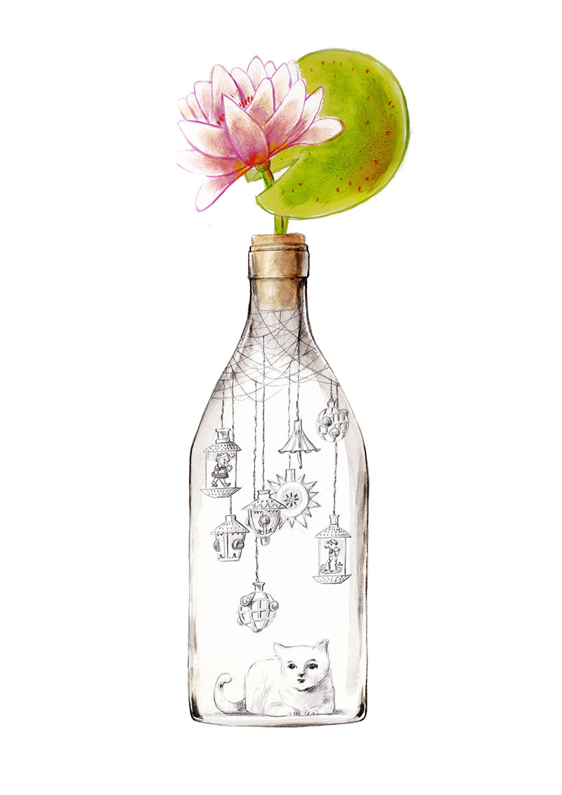 Bottle with a water lily on the cap. Inside there are some hanging Christmas lanterns and a white cat. The bottle is part of a collection assembled by a child. Illustration for a book entitled 