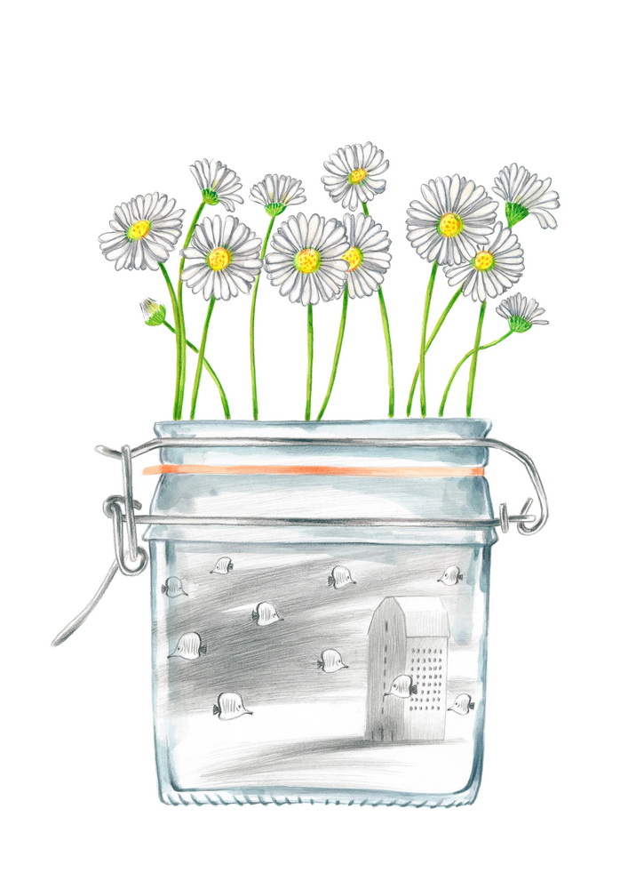 Daisies on a jar that is filled with a surreal and dream-like scene, with flying fish and a house. The jar is part of a collection of bottles of a child. Illustration for a book entitled 'Un piccolo mondo' - 