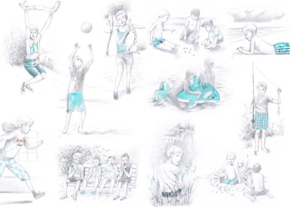 scenes which depict a child's summer life: he runs, he reads on the hammock, he swims, he digs in the sand, he climbs trees ... illustrations for the endpapers of the book entitled 'Un piccolo mondo' - "A Litle World"