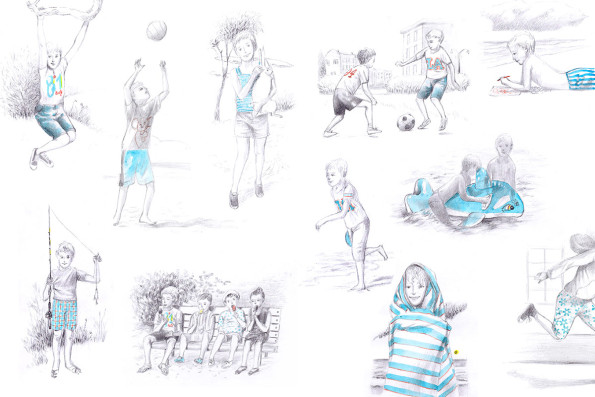 scenes which depict a child's summer life: he runs, he reads on the hammock, he swims, he digs in the sand, he climbs trees ... illustrations for the endpapers of the book entitled "A Litle World"