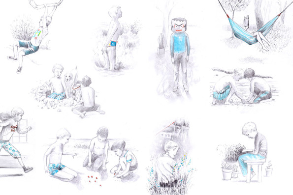 Scenes which depict a child's summer life: he runs, he reads on the hammock, he swims, he digs in the sand, he climbs trees ... illustrations for the endpapers of the book entitled "A Little World"