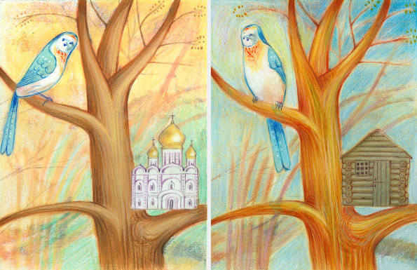 Two illustrations of a bird which has built the wrong houses, one is a log cabin and the other one is an Orthodox church. He has to learn how to build the nest