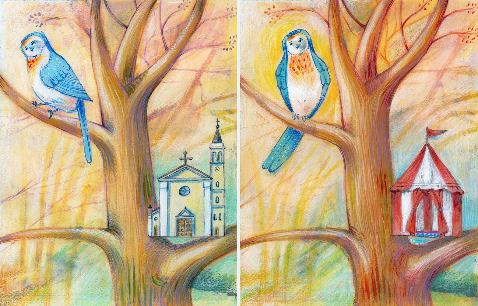 Two illustrations of a bird which has built the wrong houses, one is a circus tent and the other is a curch. He has to learn to build the nest