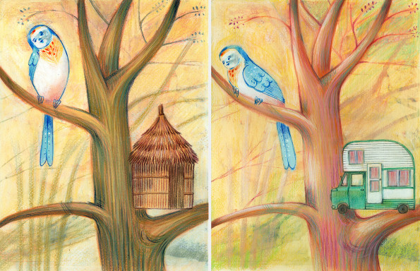 Two illustrations of a bird which has built the wrong houses, one is a hut and the other is a caravan. He has to learn to build the nest