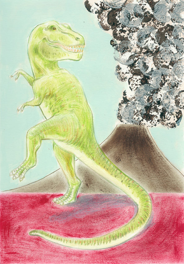 Illustration of a Tyrannosaurus rex, on the background an erupting volcano