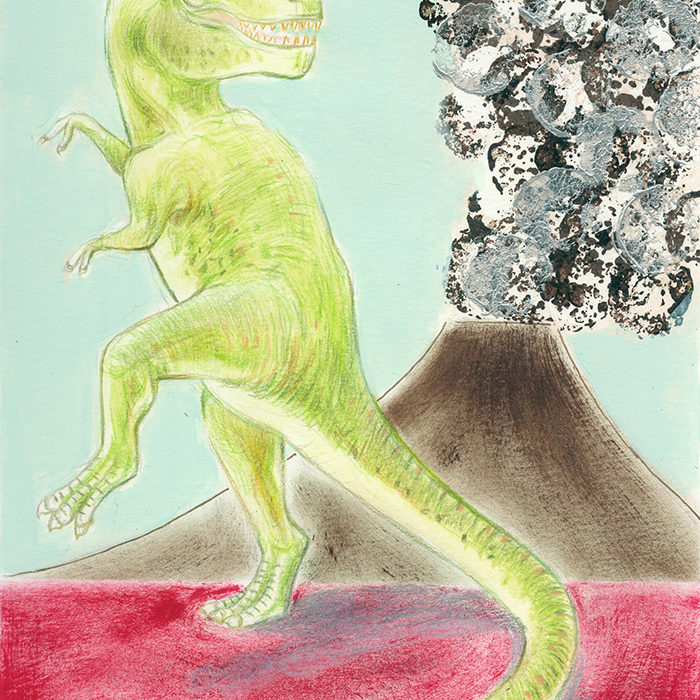 Illustration of a Tyrannosaurus rex, on the background an erupting volcano