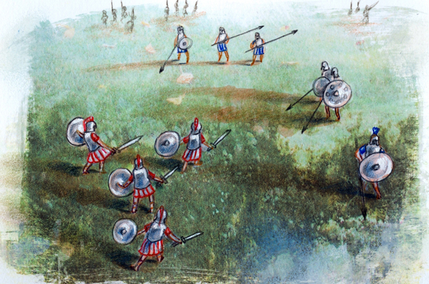 Greek and trojan soldiers in battle. Illustration from the centennial edition of the book 