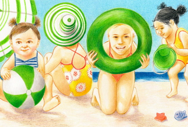 Four little girls and a little dog are playing on the beach, with five circles: ball, lifebuoy, hat, Frisbee and umbrella