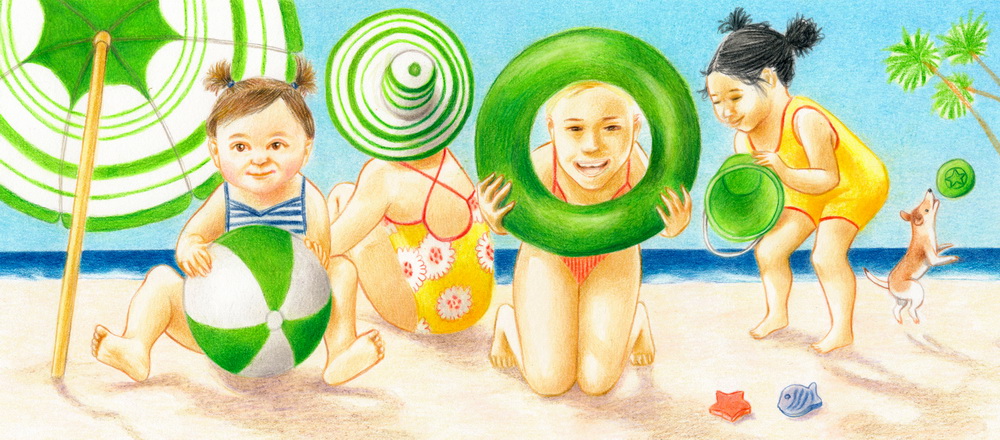 Four little girls and a little dog are playing on the beach, with five circles: ball, lifebuoy, hat, Frisbee and umbrella