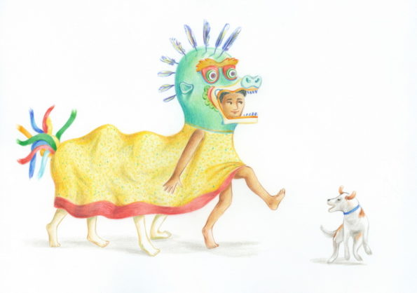Three children play disguised as a dragon and a festive dog runs around them