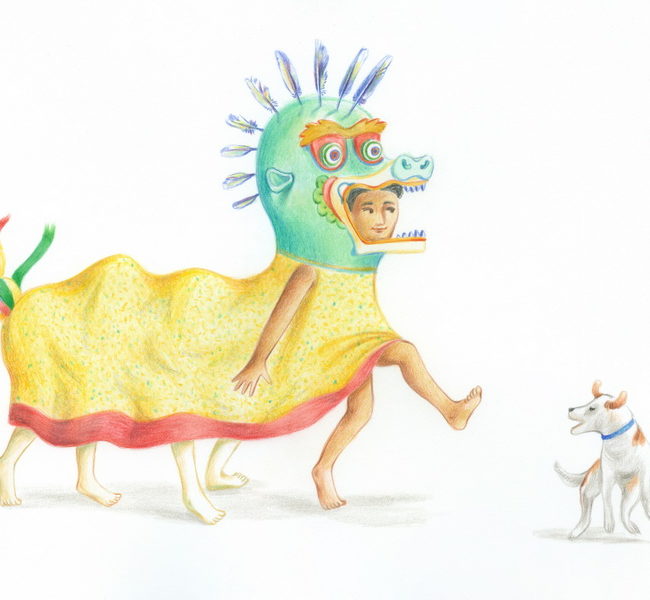 Three children play disguised as a dragon and a festive dog runs around them