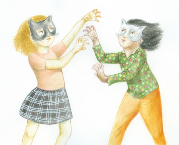 Two masked girls play pretending to be kittens