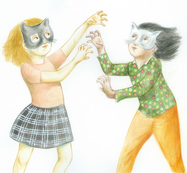 Two masked girls play pretending to be kittens