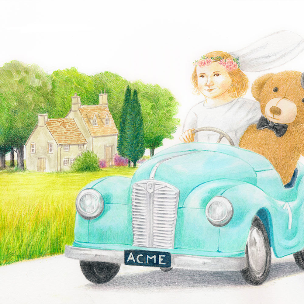 A little girl with her teddy bear in a wedding dress is taking a ride on a toy car in the countryside