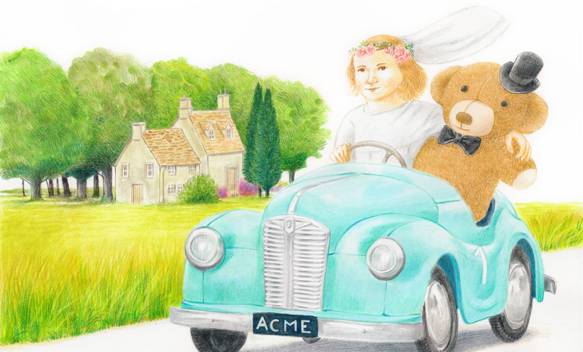 A little girl with her teddy bear in a wedding dress is taking a ride on a toy car in the countryside