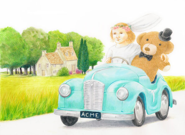 A little girl with her teddy bear in a wedding dress is taking a ride on a toy car in the countryside